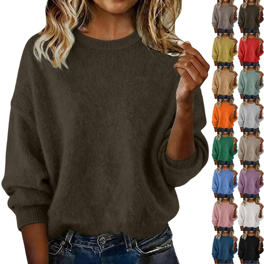 Women's Fashion Casual Loose Pullover Solid Color Round Neck Long Sleeve Knit Sweater