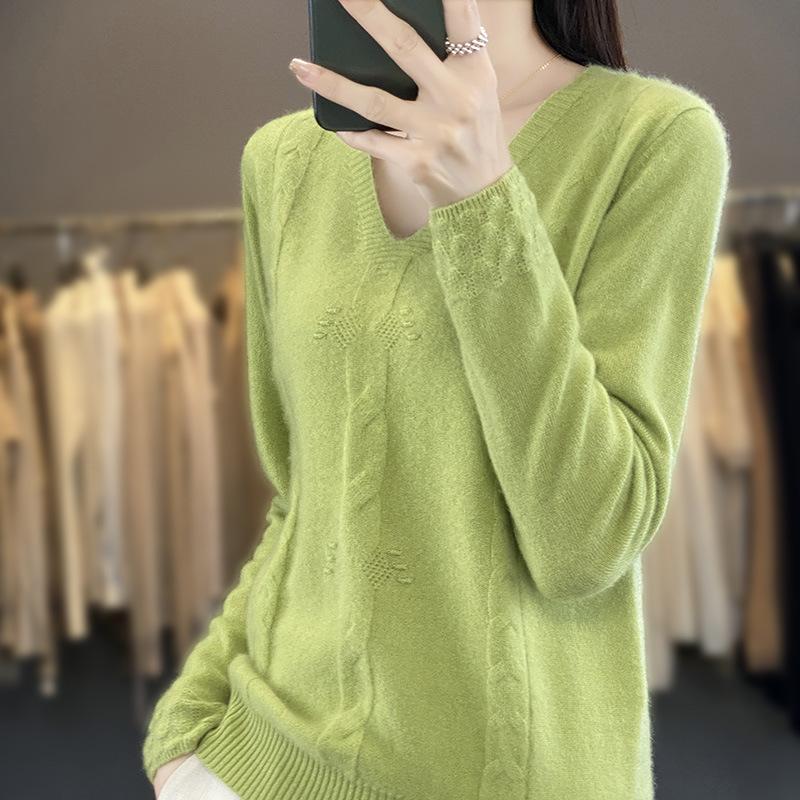 INDFS Женская мода Повседневный Осень Зима Однотонный Принт Длинный Рукав V-образный Вырез Свитера