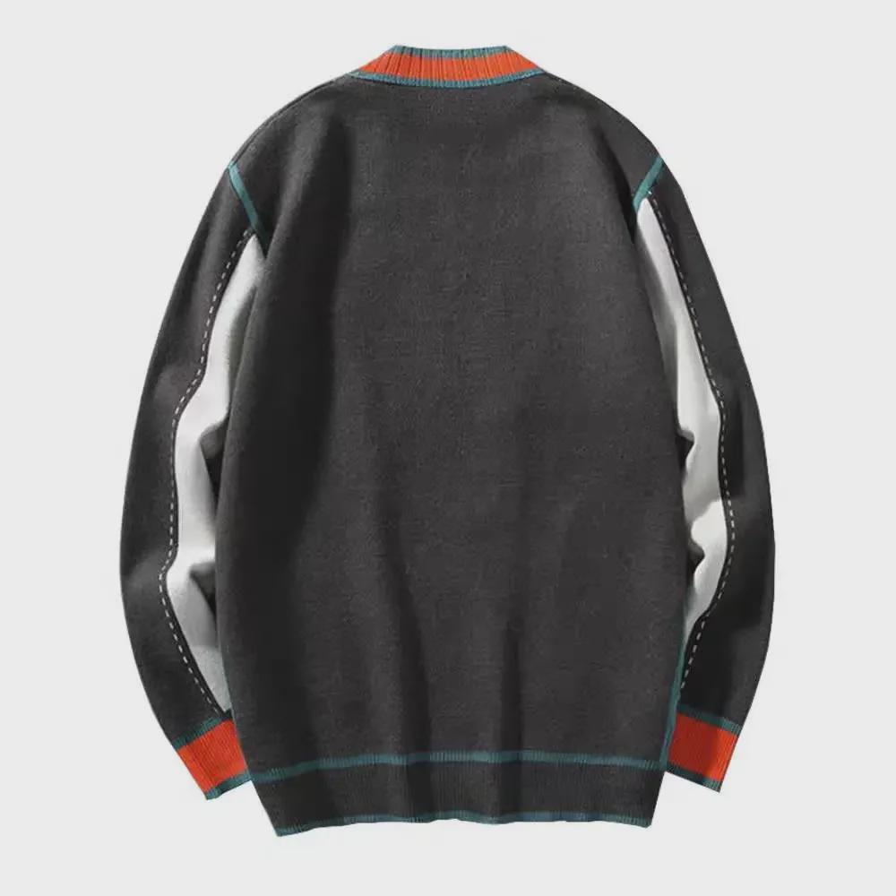 Мужской вязаный кардиган с V-образным вырезом - мода весна/осень 2024 г., свитер с цветными блоками, куртка в стиле панк