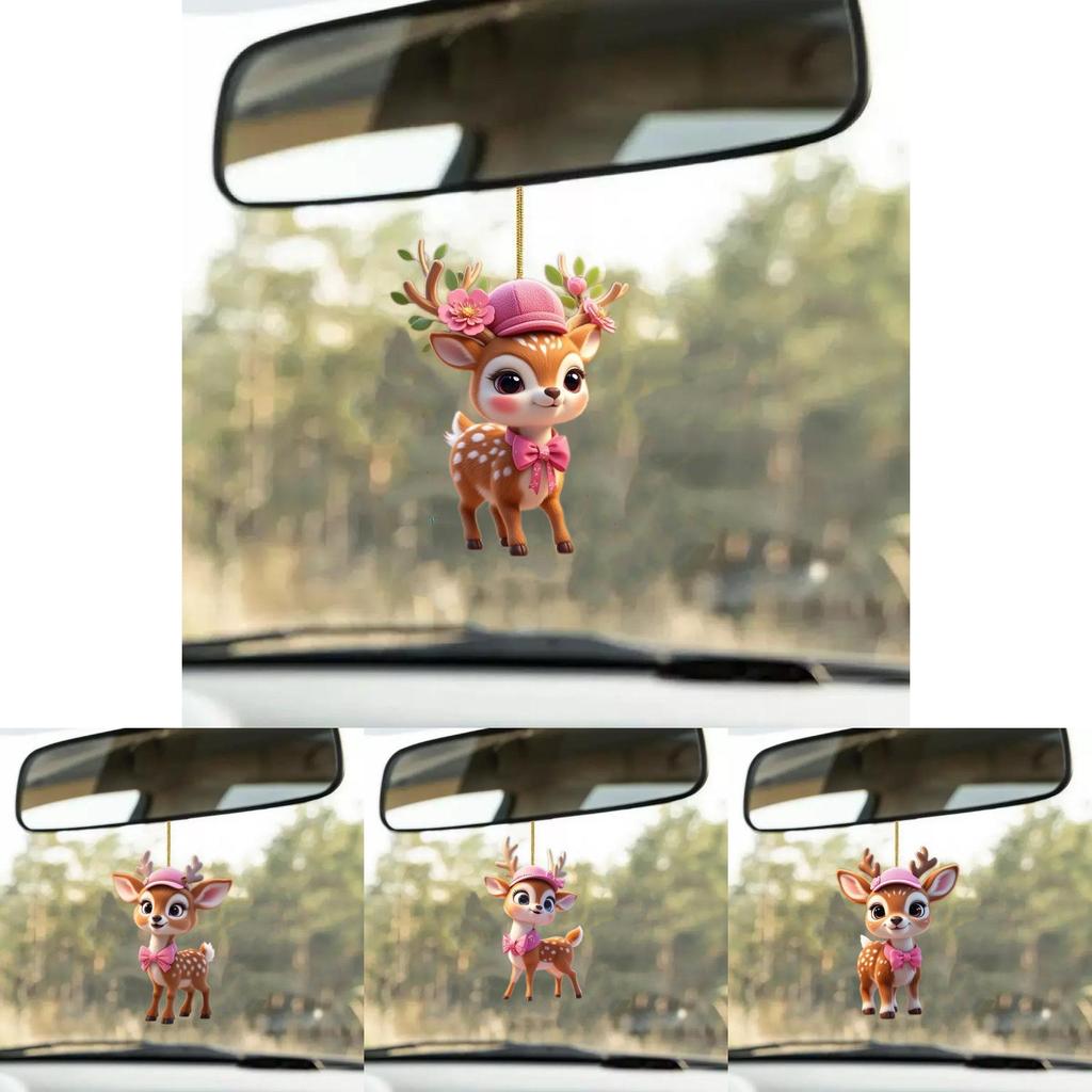 Декор для автомобиля Акриловое зеркало с мультяшным оленем, с розовой шляпой и бантом, для детского салона автомобиля