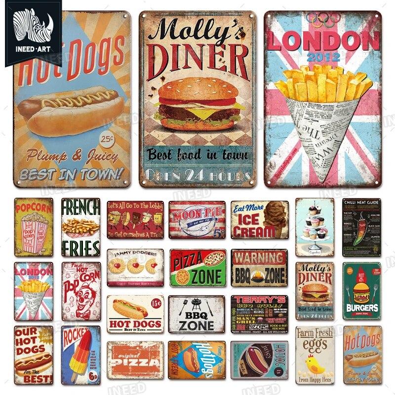 Pizza Zone Metal Poster Tin Plate Ice Cream Hot Dog Vintage Kitchen Iron Painting For Restaurant Party Home Wall Decoration