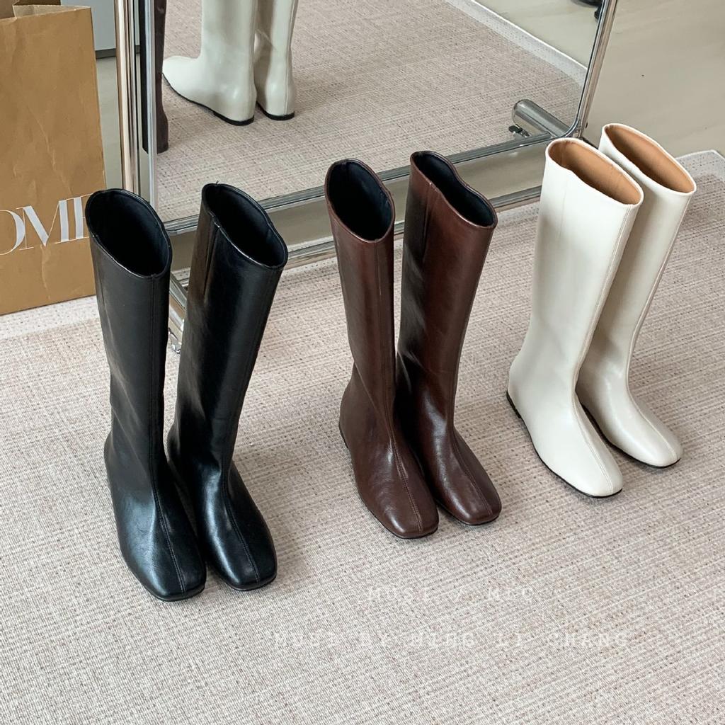 Французское увеличение внутренней высоты, но женские ботфорты 2025 новые тонкие ботфорты квадратный носок плоская подошва рукав рыцарские сапоги