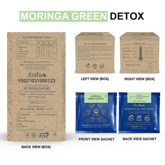TEA SENSE Moringa Green Detox | 15 шт. | Чайные пакетики в форме пирамидки в запечатанных пакетиках | Зеленый чай с морингой, мятой и корицей