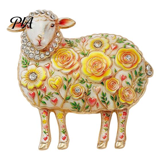 Animal Jewelry Rhinestone Floral Lamb Brooch for Women, Flower Sheep Alloy Lapel Decorative Pin, Clothing Suits Scarves Bags Pin