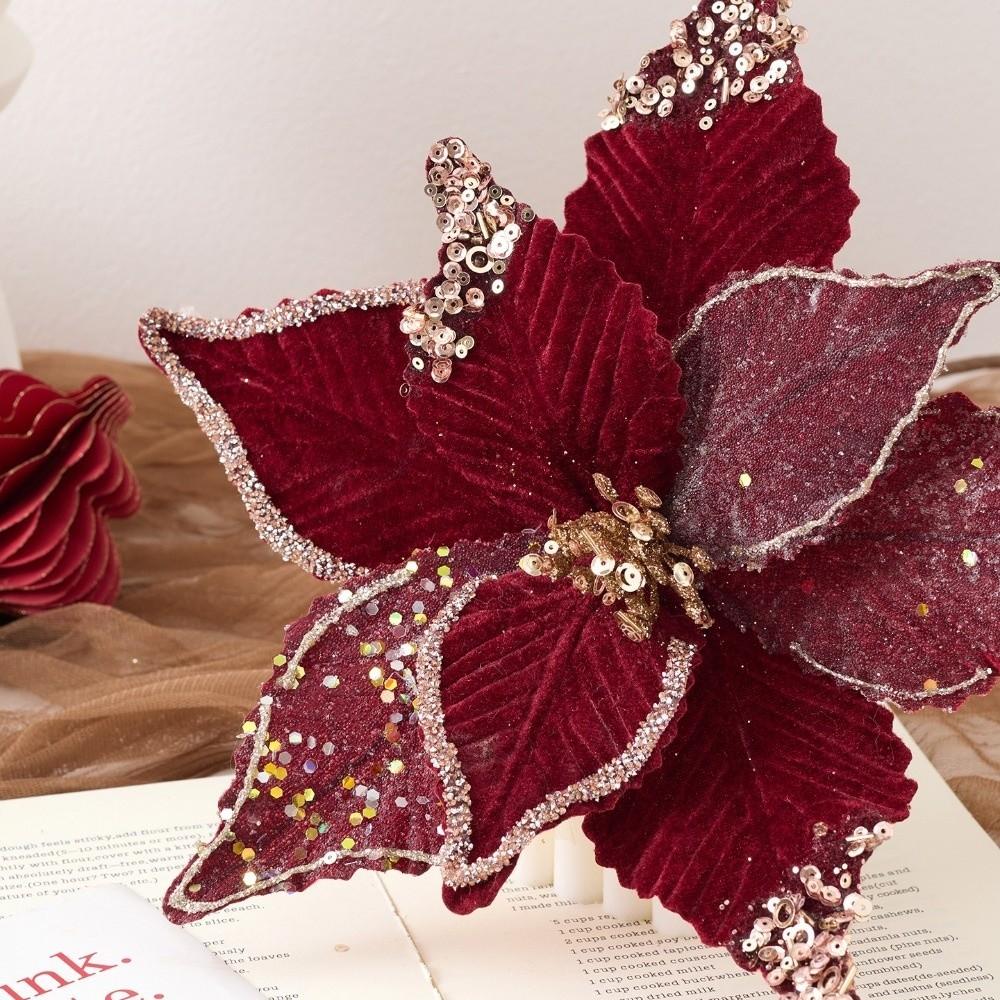 New 26CM Wine Red Artificial Poinsettia Flower Sequins Sparkling Simulation Flowers Glitter Sequins Flower New Year Festival