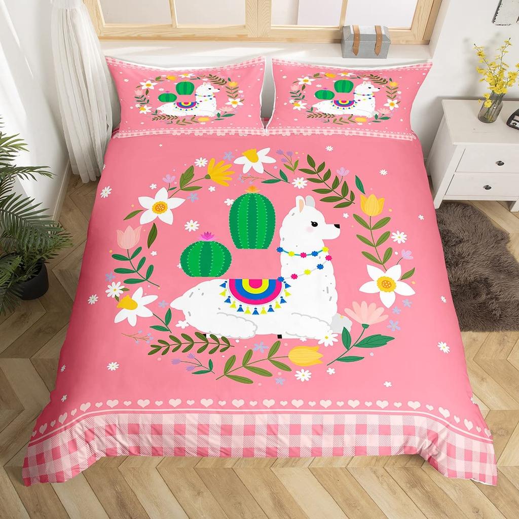 Comforter Kawaii Rabbit Cartoon Animal Bedding Set Geometry Grid Checkered Comforter Colorful Flowers Butterfly Bed Set