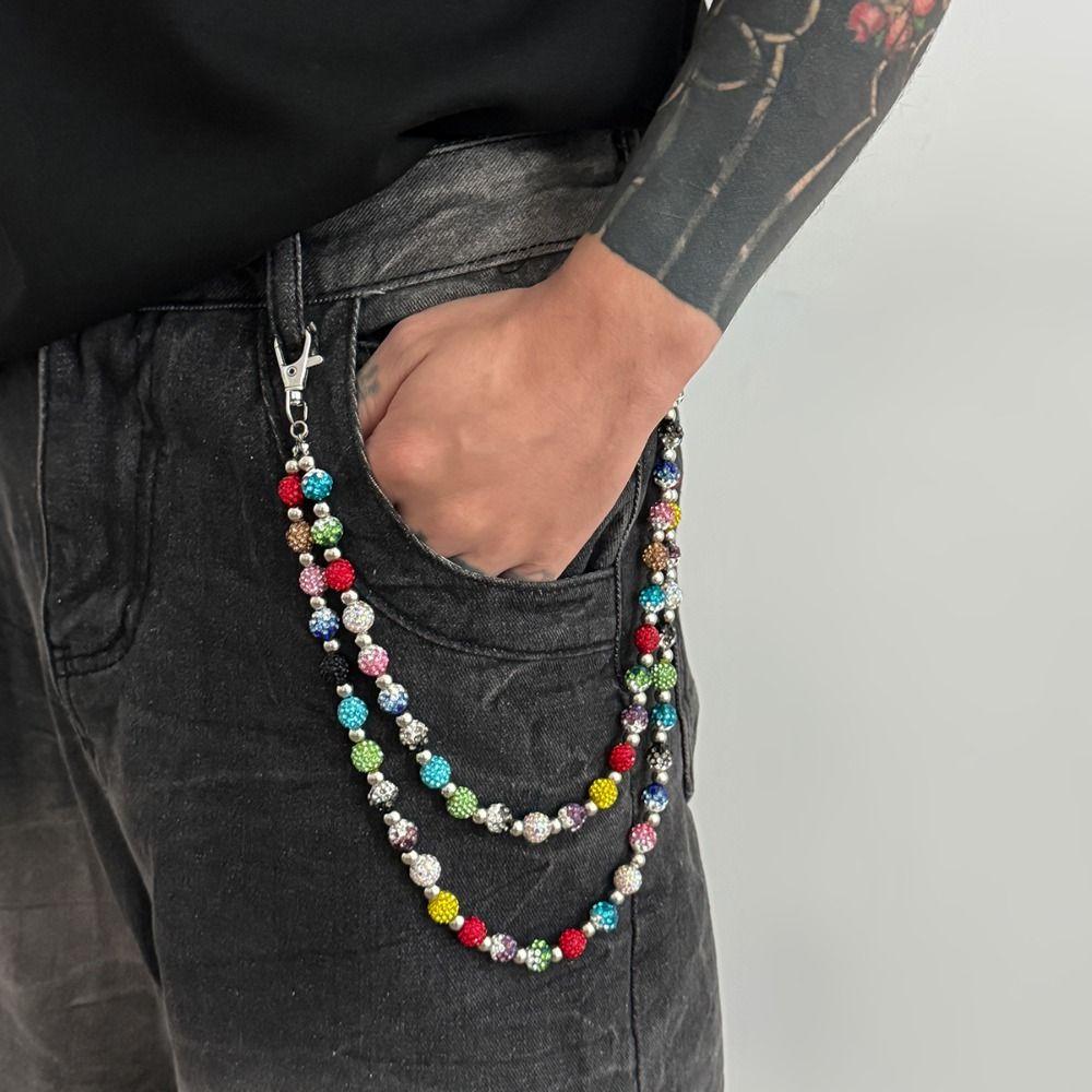 Gothic Colorful Rhinestone Bead Waist Chain Jeans Chain Pants Chain Goth Punk Belt Chain Female