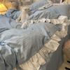 Синий комплект из четырех предметов в стиле знаменитой принцессы с оборками, пододеяльник, юбка для кровати, однотонный комплект постельного белья из трех предметов