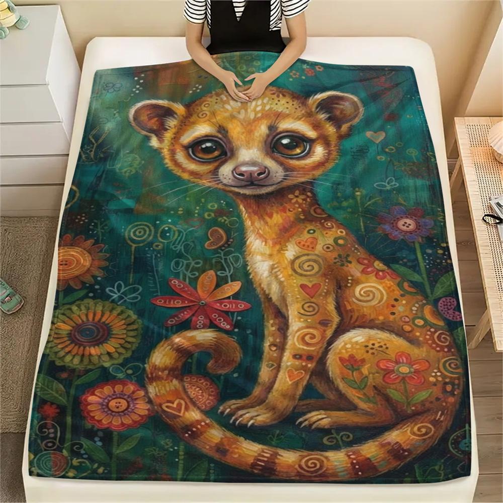 1PC Bohemian Kinkajou Art Print FlAannel Blanket, High quality Comfortable for All Seasons, Home Decor, Warmth and Comfort