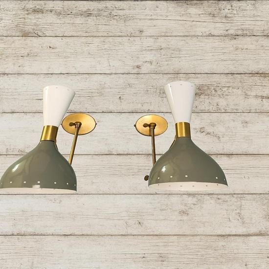 Mid-Century Modern Diabolo Wall Sconce Pair Italian Brass Adjustable Lighting  Lime Green Color