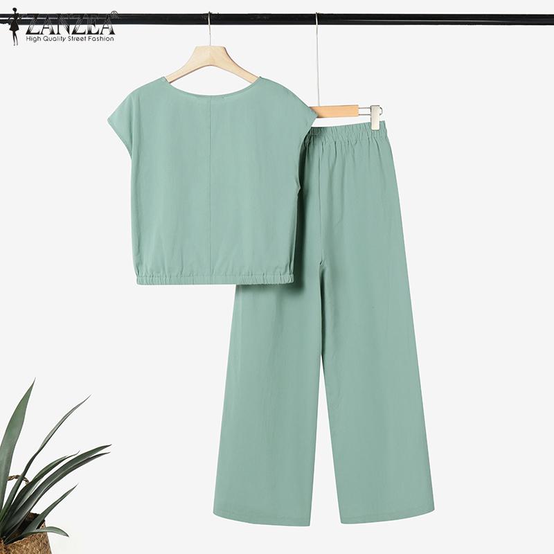 ZANZEA Женский летний комплект из двух частей: блузка с коротким рукавом и брюки