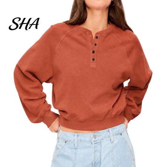 Henry Collar Shirt Women's Crew Neck Sweatshirt, Loose Pullover Long Sleeve Fit Sweatshirt Shirts, Oversized Button Up Casual Tunic Tops Women