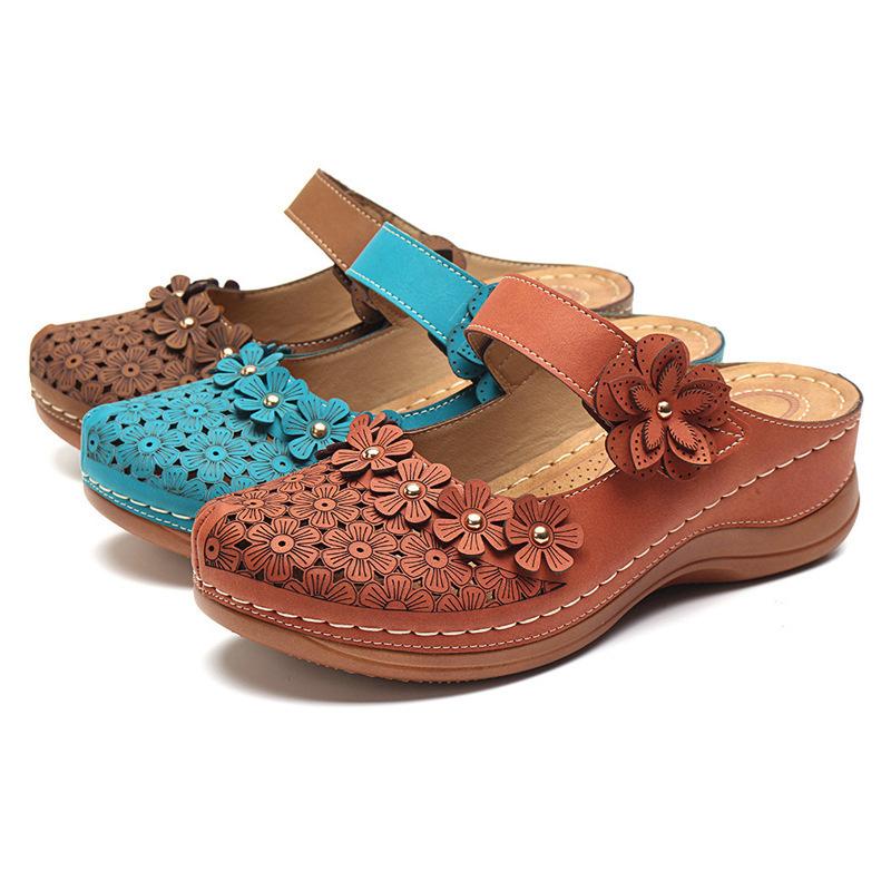 2023 Women's Sandals Large Size Vintage Flat Sandals Round Toe Flower Wedges Thick Sole Slippers for Women