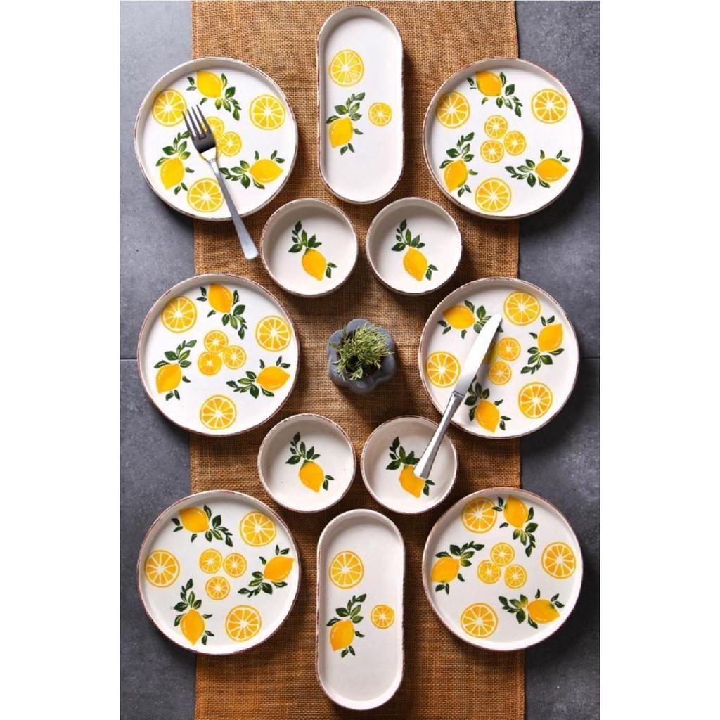 14 Piece Stackable Lemon Pattern Breakfast Set For 6 Persons Handmade Special Design Breakfast Set