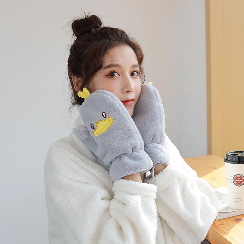 New Cartoon Bag Finger Gloves Hanging Neck Plush Warm Young Autumn and Winter Female Students Cycling Cold-proof Little Yellow Duck