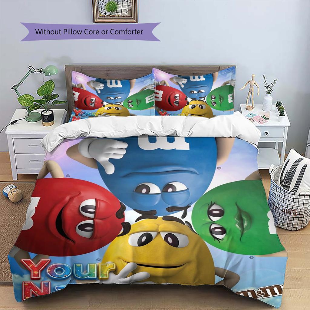 M&M's Custom Name Pattern Bedding,Quilt Set Quilt Cover Pillowcase Home Birthday Gift(1 * duvet cover + 2 * pillowcase, without core)