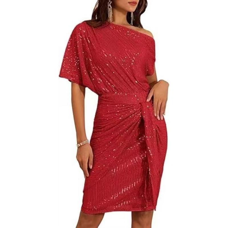 Новое европейское и американское женское платье для вечеринки и клуба с пайетками, одно плечо, плиссированное тостовое платье, мода