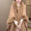Women Winter Thick Velvet Knitted Loose Poncho Tassel Outstreet Wear Cloak With Hat Long Faux Rabbit Fur Collar Capes Coat