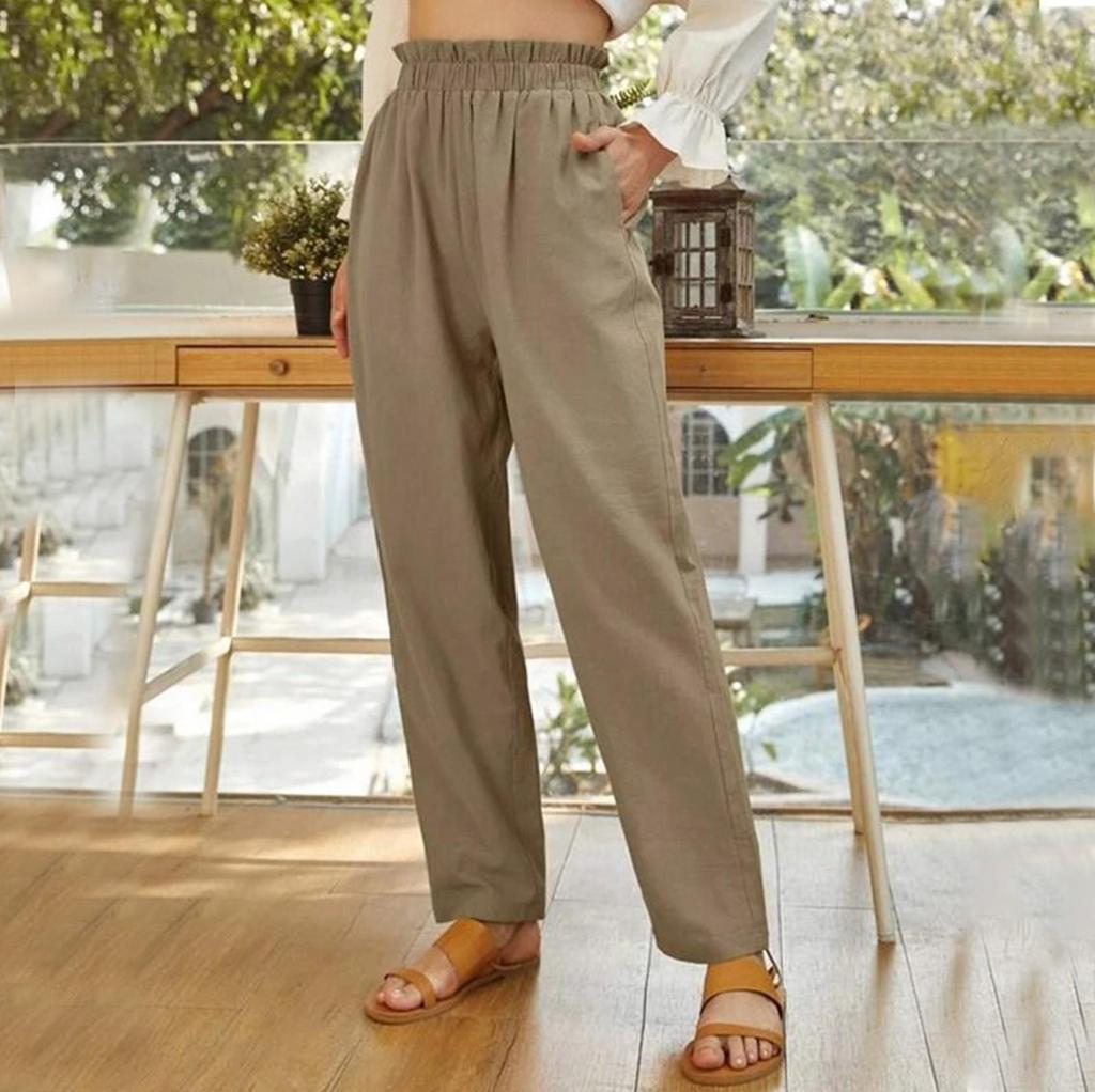 Women's Solid Color High Waist Cotton And Hemp Loose Pocket Leisure Time Trouser