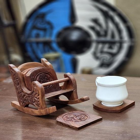 Wood Tea Coaster with Chair Design  Elevate Your Tea Time 19.05 Cm