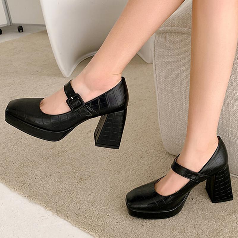 Женские туфли-лодочки из искусственной кожи, вечерние весенне-осенние туфли Мэри Джейн с квадратным носком и пряжкой на толстом высоком каблуке, сине-желтые брови