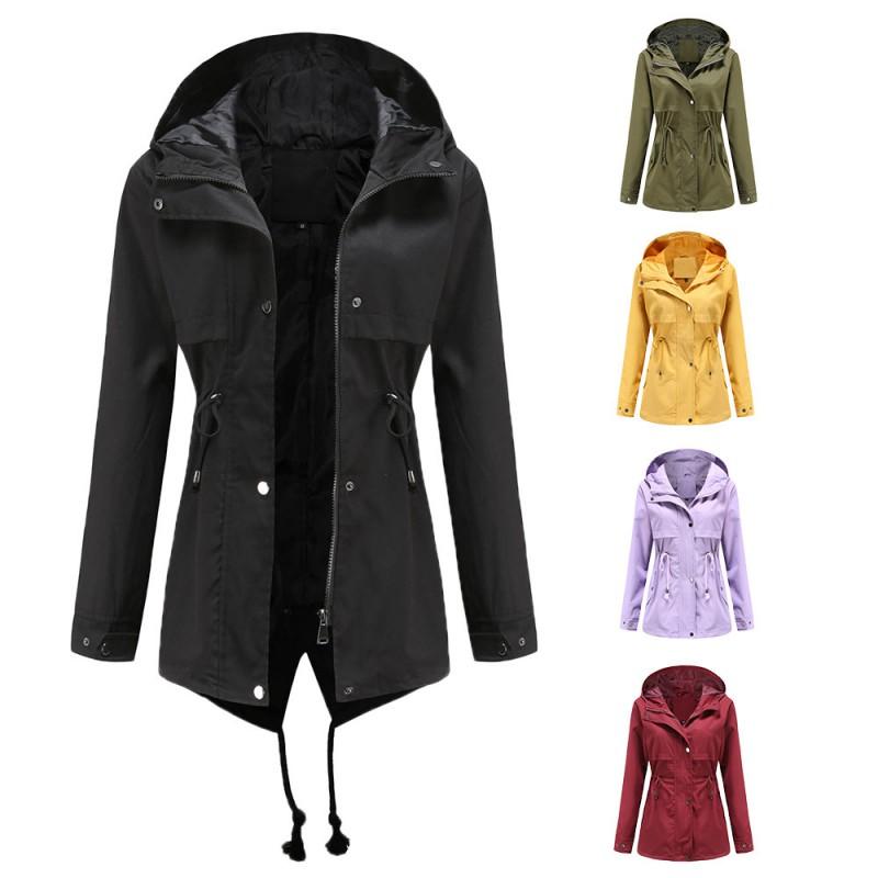 Womens Lightweight Hooded Trench Coat Mid-Length Rain Jacket With Waist Drawstring - Casual Chic Outerwear