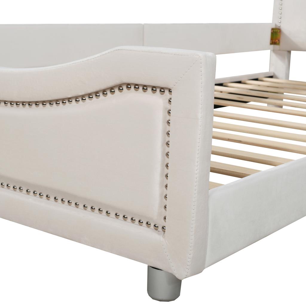 Kids' Bed Upholstered Bed 90*200cm Sleeper Sofa Bed Frame Flannel Multifunctional Soft Bed with Backrest Armrest Parent-Child Youth Guest Bed Beige