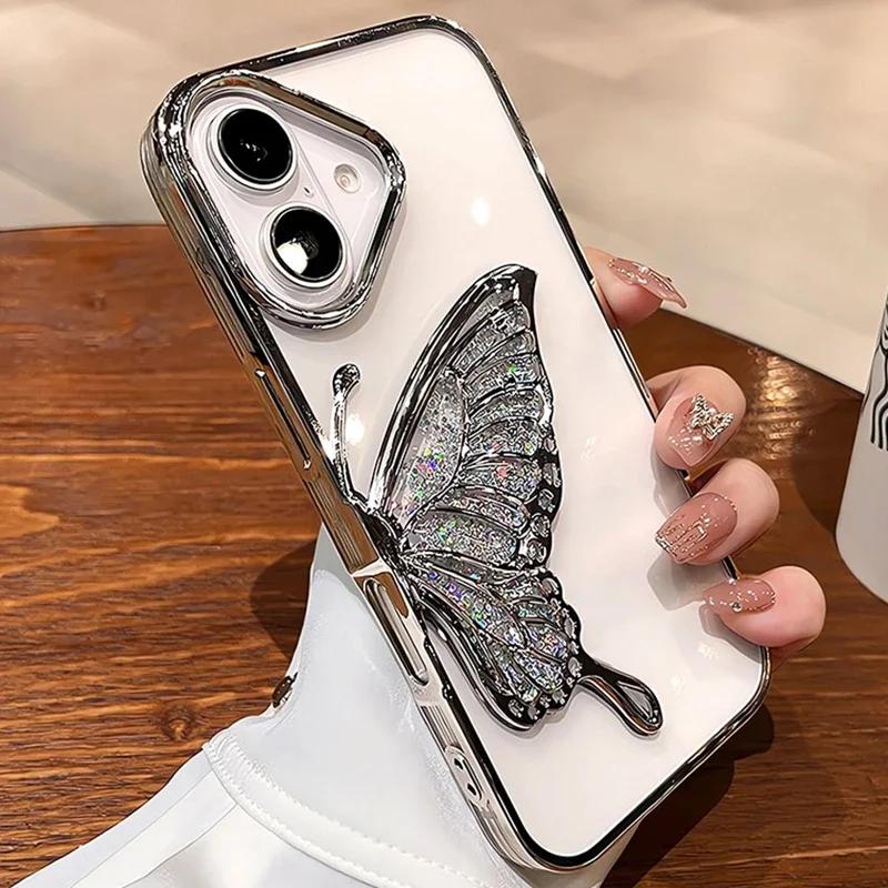 Cartoon Butterfly Glitter Quicksand Case for iPhone 16 15 14 13 Pro Max Plus 11 12 Plating Gradient Bling Camera Film Soft Cover
