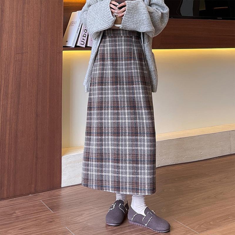 Woolen Skirt Autumn and Winter Retro New Style for Women with High Waist Slimming A-line Plaid Hip-pack Skirt