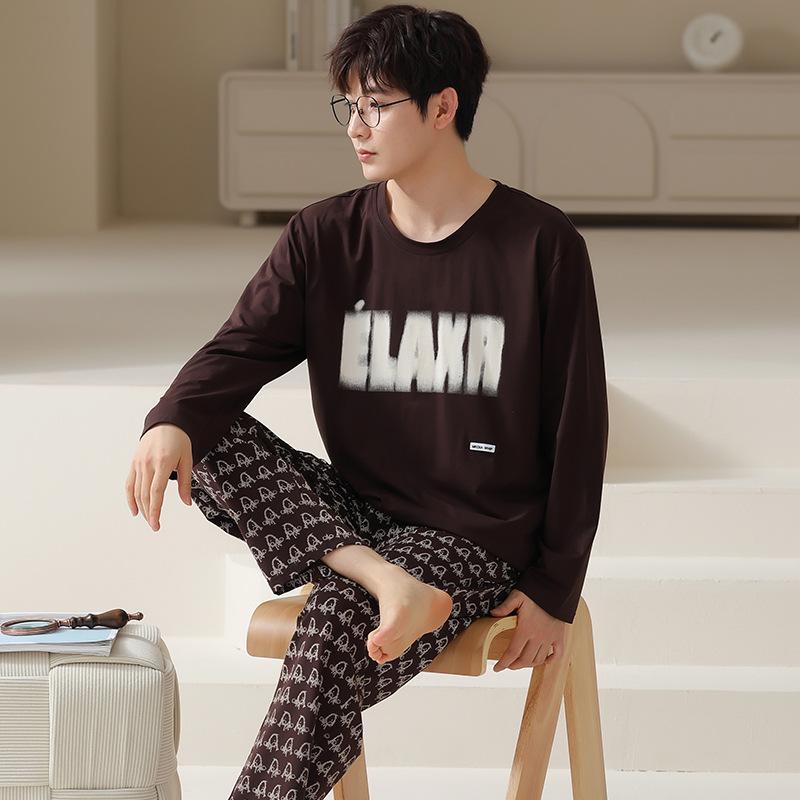 Тип Пижамный костюм из чистого хлопка на осень-зиму для мужчин с длинными рукавами из хлопка, комплект домашней одежды для мужчин, мягкая домашняя одежда для мужчин
