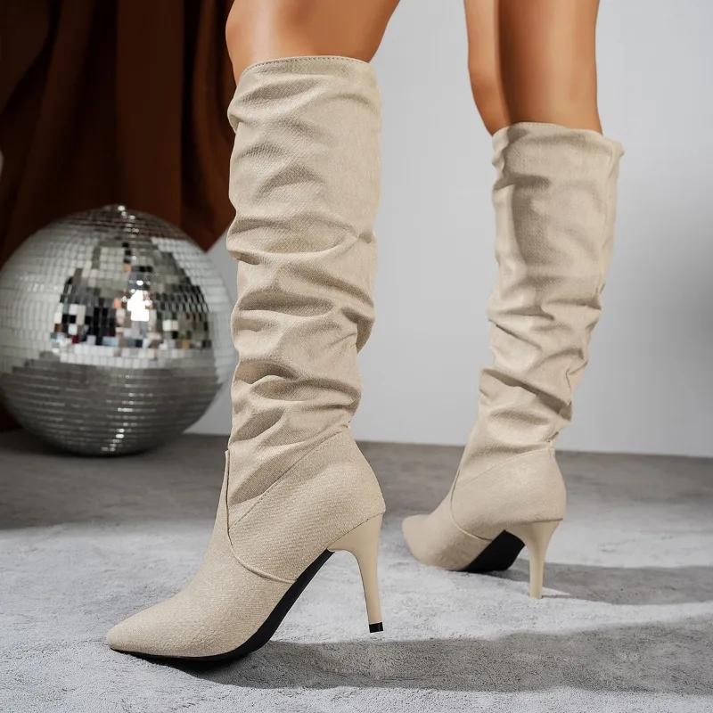 Модные туфли 2024 года, женские сапоги до колена, женские сапоги больших размеров, современные сапоги, женские сшитые, с острым носком, на высоком тонком каблуке, женские туфли