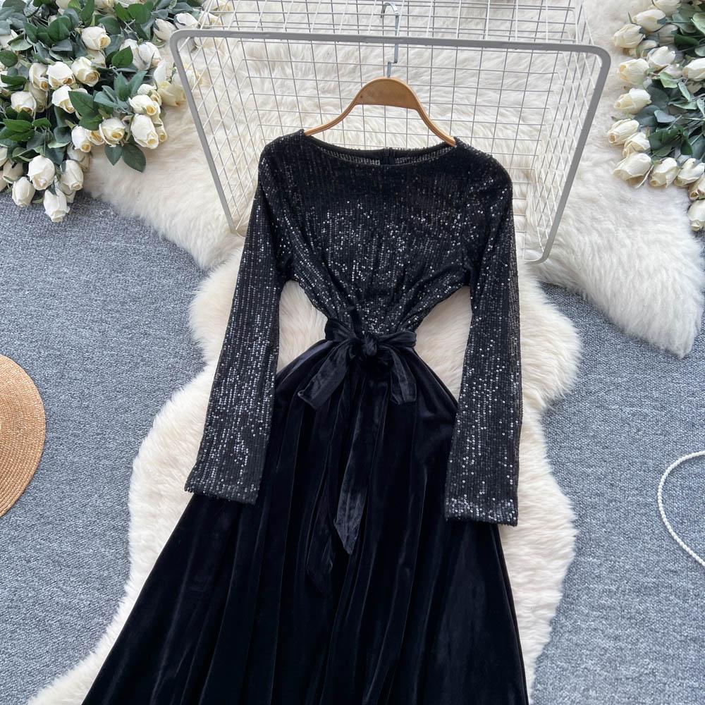 Шикарный Винтажный Велюровый Элегантный Наряд Феи с Длинным Рукавом Корейская Мода Осенняя Мода Платья Женская Одежда