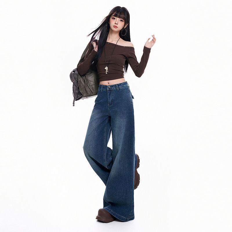 Autumn and winter new slightly stretched wide-leg jeans women's high waist loose and thin drape elastic straight floor pants