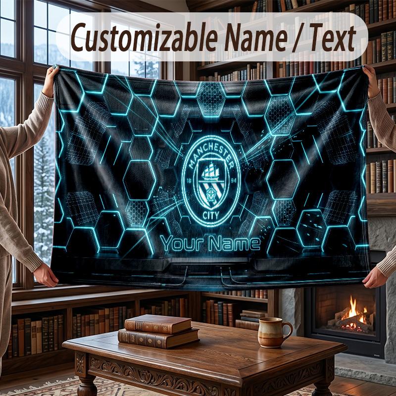 Custom Name Flannel Throw Blanket Manchester City Pattern Warm Home Decoration