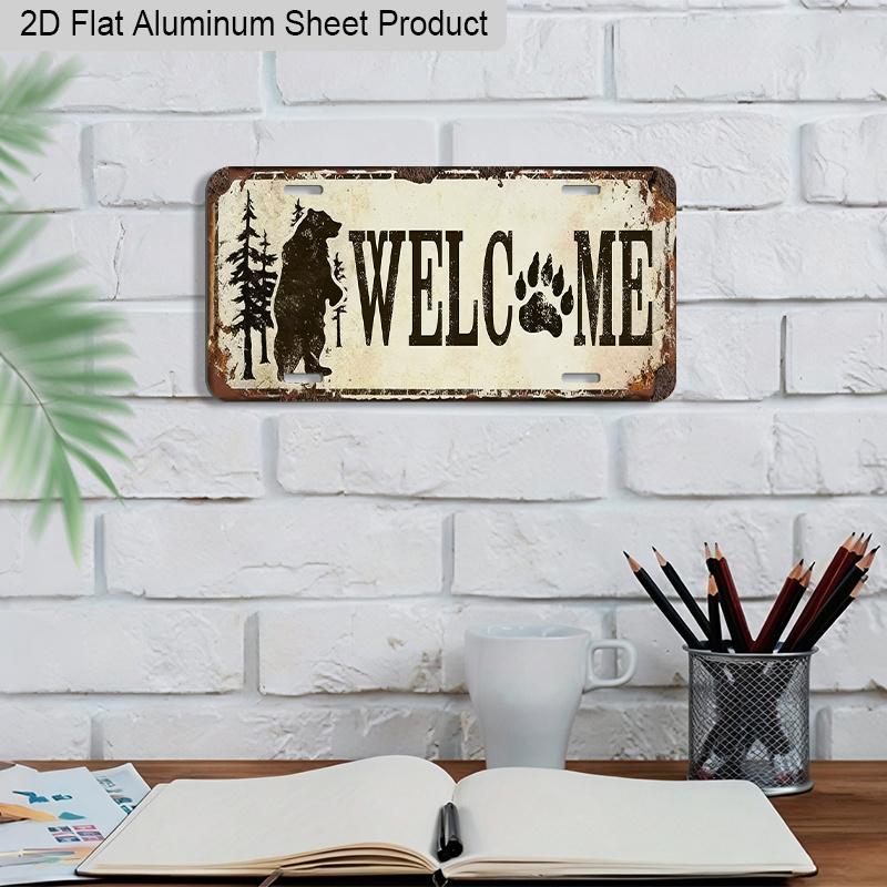 Плоский 2D, 1 шт. Алюминиевая табличка "WELCOME" с изображением медведя и отпечатком лапы, 12''x6'', в стиле деревенской хижины и лесного домика, для декора стен и автомобиля, для прихожей, крыльца, домика у озера