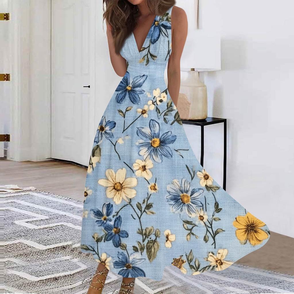 Женские модные повседневные свободные платья с V-образным вырезом без рукавов с принтом