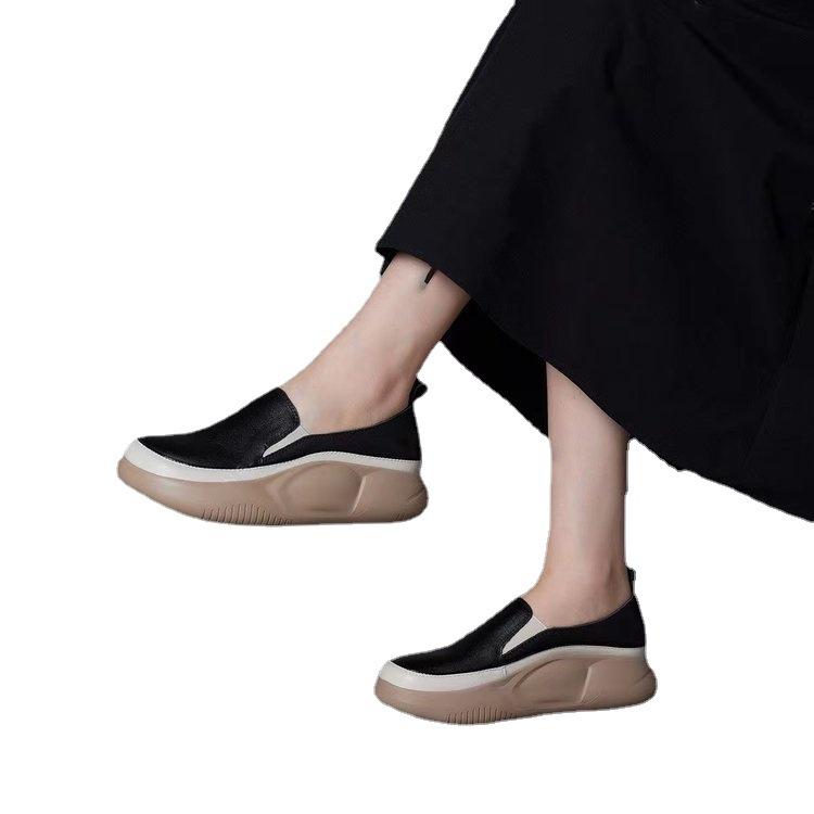 Foreign Trade Single Shoes Women's 2024 Autumn New Muffin Bottom Round Head Single Shoes Rubber Casual Breathable Thick-soled Loafers Women