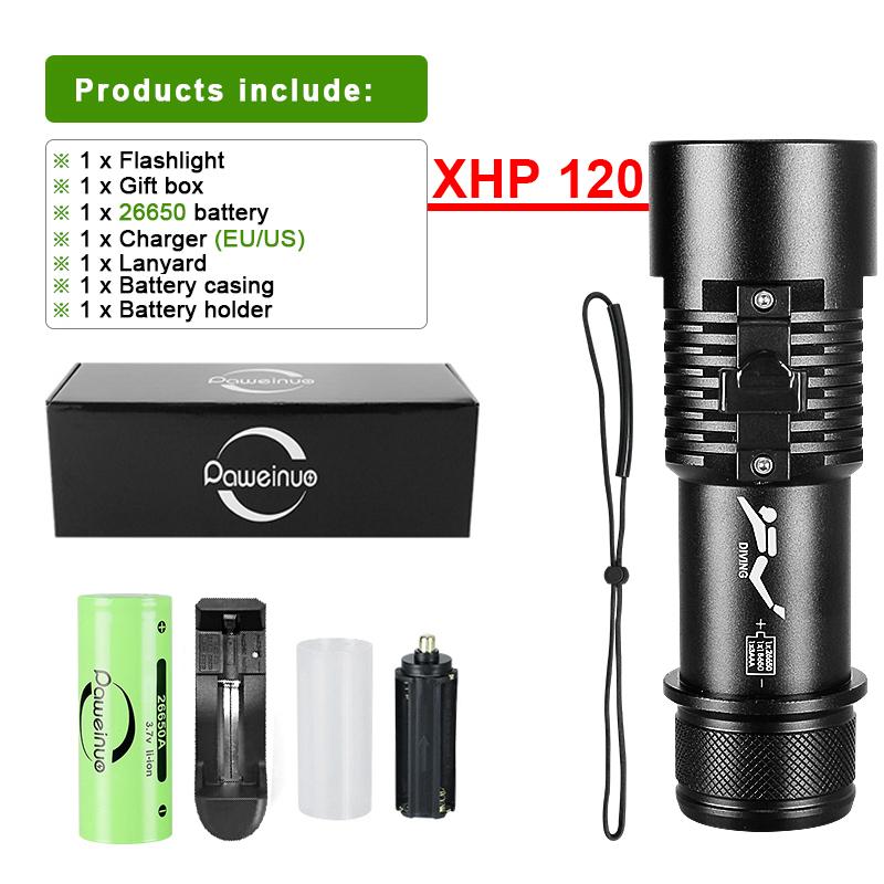 Профессиональный фонарик для дайвинга IPX8 XHP 120, желтый фонарь для дайвинга, 800 м, водонепроницаемый светильник для дайвинга, подводный фонарь