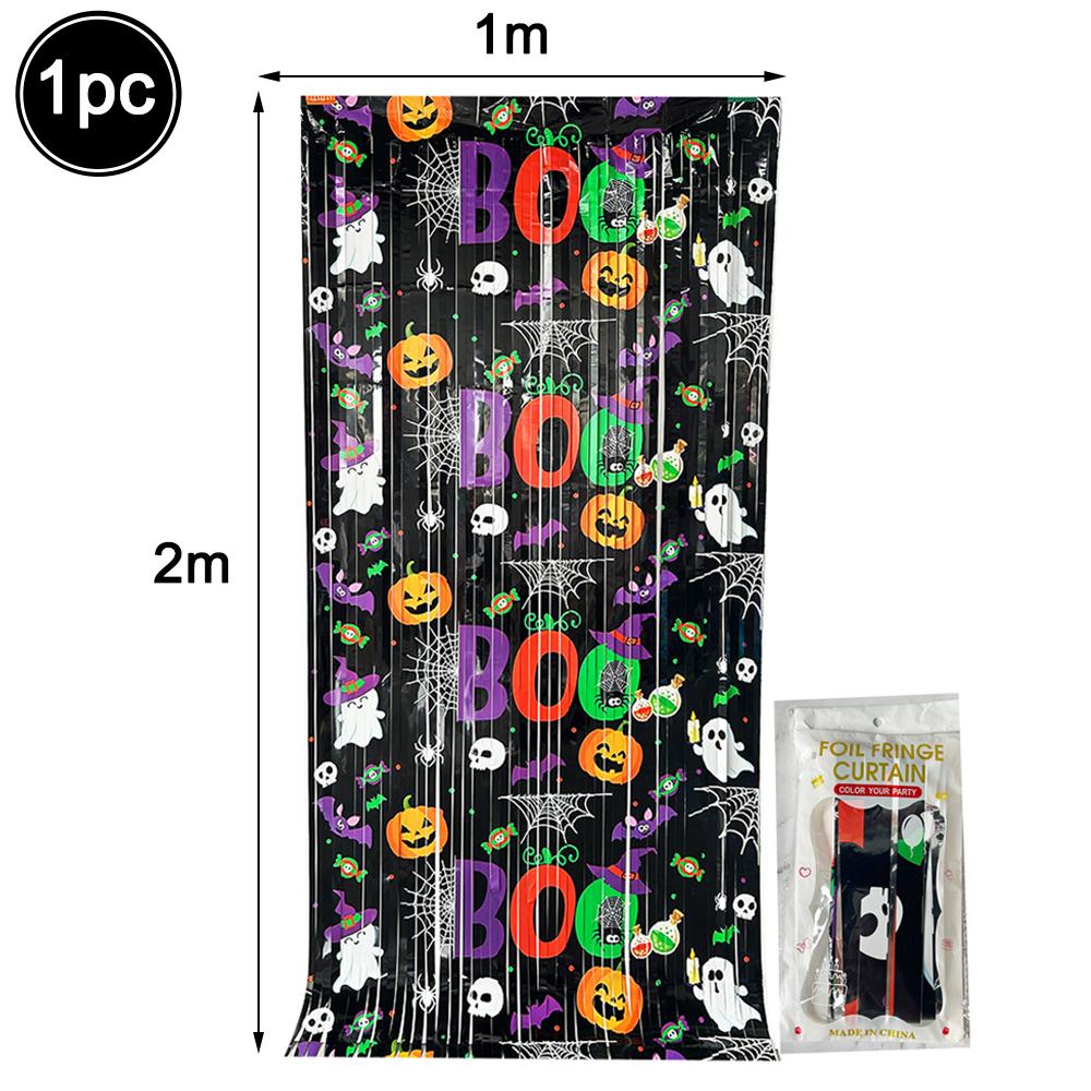 Halloween Foil Fringe Curtain Tinsel Garland Pumpkin Ghost Bat Boo Print Photo Backdrop Halloween Party Door Wall Hanging Decors 5