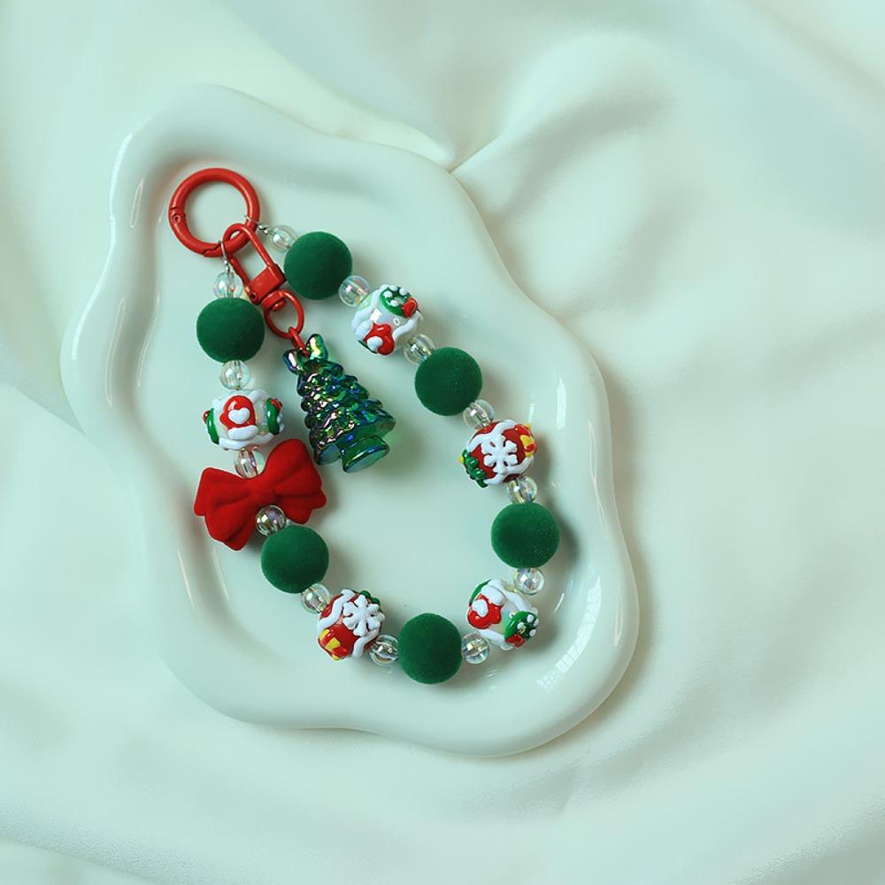 Santa Claus Plush Beads Keychain Flocked Bowknot Beaded Cell Phone Lanyard  Unisex