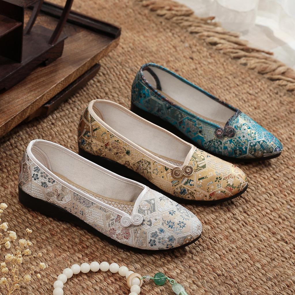 2024 Summer New Women's Single Shoes Comfortable Shallow Mouth Flat Bottom Women's Shoes Fashionable and Elegant Mother Shoes Old Beijing Cloth Shoes