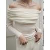 off-Shoulder Pure Color Knitwear Long Sleeves off-Shoulder Swaying Thin Silm Low Classic Ruched Sweater