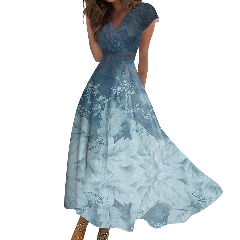 Женское длинное платье Макси-платье Повседневное платье Летнее повседневное платье с короткими рукавами и v-образным вырезом в стиле бохо с талией и принтом