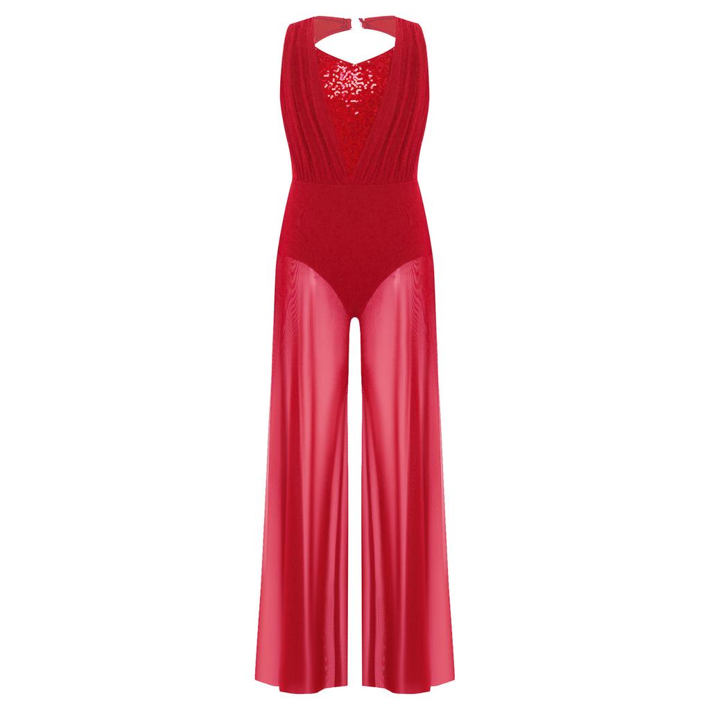 Girls Lyrical Dance Jumpsuit Sparkly Sequins Sleeveless Back Cutout Design Long Pants