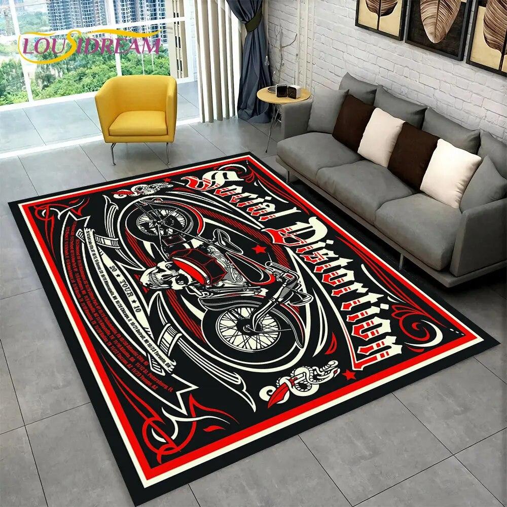 Retro Vintage Motorcycle Skull Area Rug,Carpet Rug for Living Room Bedroom Sofa Doormat Kitchen Decor,Child Non-slip Floor Mat