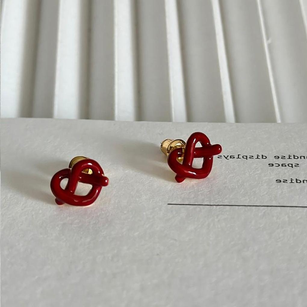 Women's 925 Silver Red Heart Mini Pretzel Earrings