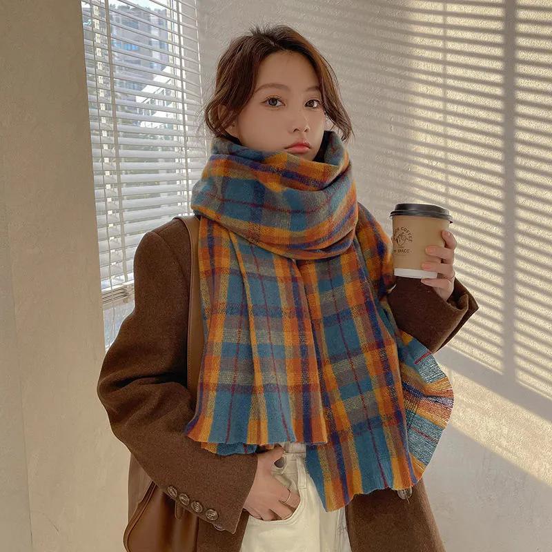 WTEMPO Women Autumn Winter Outdoor Long Plaid Scarf Ladies Windproof Cold-proof Versatile Casual Warm Retro Scarf