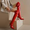 Высокие сапоги женские модные лакированные сапоги выше колена сексуальные туфли для ночного клуба женские туфли красные черные белые большие размеры 48