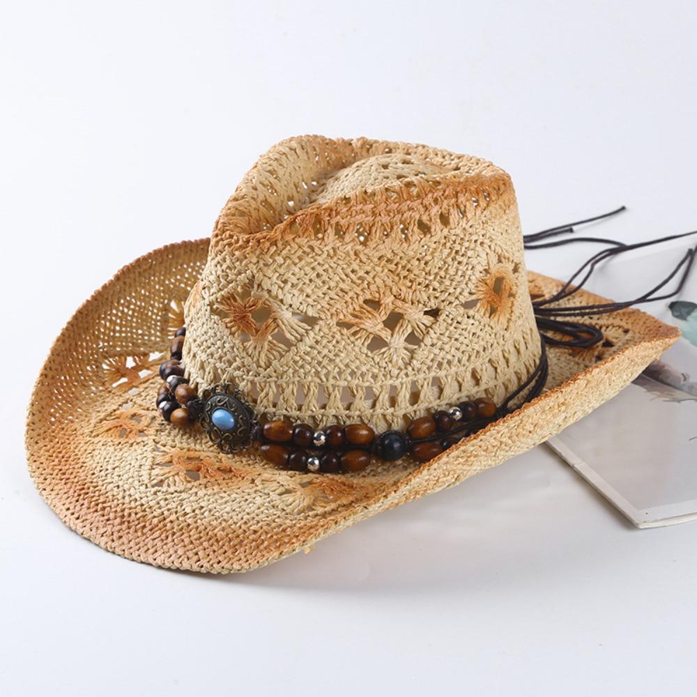 Retro Wide Brim Western Cowboy Hat Beads Ethnic Style Sunscreen Straw Hat Breathable Hollow Out Sun Hat Summer