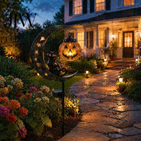 Festive Halloween Atmosphere Light Black Cat Moon Stake Light, Solar Metal Pumpkin Lantern with Decorative Lights for Garden Warm Glow, Spooky